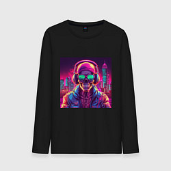 Лонгслив хлопковый мужской Скелет в шапке и куртке, цвет: черный