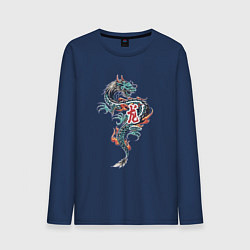 Лонгслив хлопковый мужской Китайский дракон с иероглифами, цвет: тёмно-синий