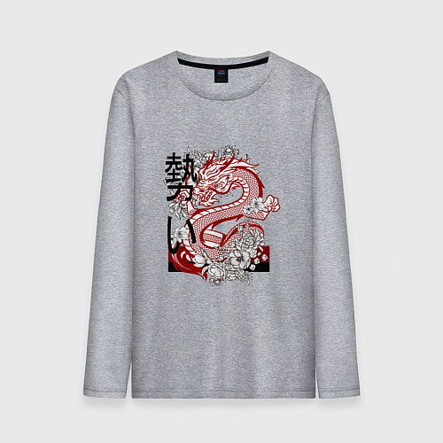 Мужской лонгслив Татуировка с японским иероглифом и драконом / Меланж – фото 1