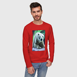 Лонгслив хлопковый мужской Полярный медведь на снегу, цвет: красный — фото 2
