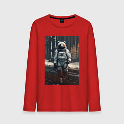 Лонгслив хлопковый мужской Медведь-космонавт на похожей планете - нейросеть, цвет: красный