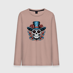 Лонгслив хлопковый мужской Череп в шляпе в стиле мексиканского дня мертвых, цвет: пыльно-розовый