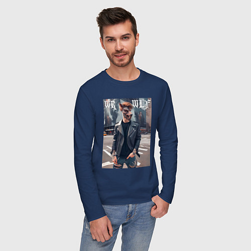 Мужской лонгслив A werewolf in the metropolis - ai art / Тёмно-синий – фото 3
