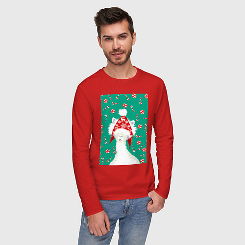 Мужской лонгслив Лама - альпака в ушанке / Красный – фото 3