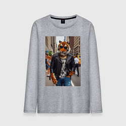 Лонгслив хлопковый мужской Cool tiger on the streets of New York - ai art, цвет: меланж