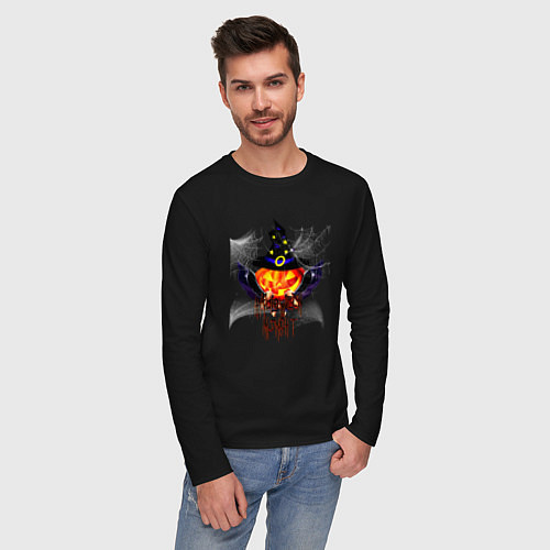 Мужской лонгслив Scary looking pumpkin with big swords / Черный – фото 3