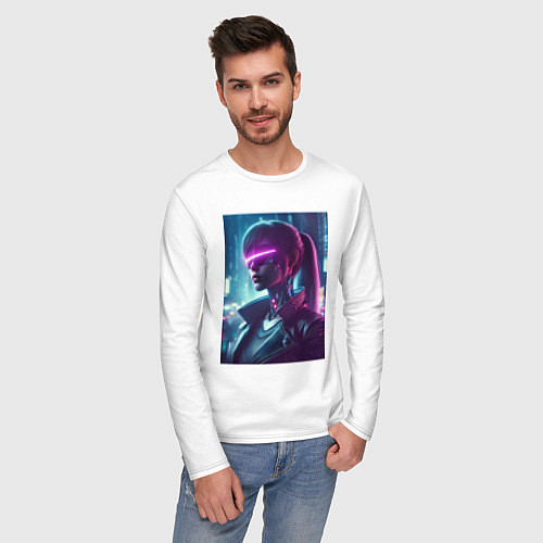 Мужской лонгслив Кибер девчонка - нейросеть / Белый – фото 3