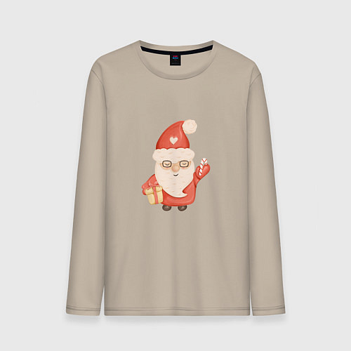 Мужской лонгслив Дед Мороз с подарком на Новый год / Миндальный – фото 1