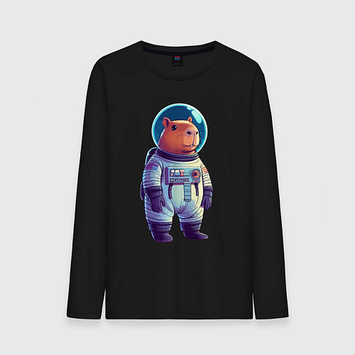 Мужской лонгслив Капибара бравый космонавт / Черный – фото 1
