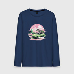 Лонгслив хлопковый мужской Ретро автомобиль на розовом закате, цвет: тёмно-синий