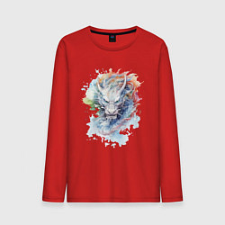 Лонгслив хлопковый мужской Дракон нарисованный акварелью, цвет: красный