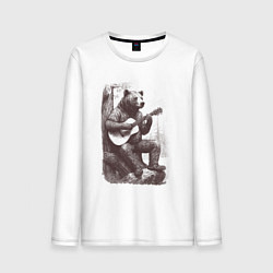 Лонгслив хлопковый мужской Медведь в лесу играет на акустической гитаре, цвет: белый