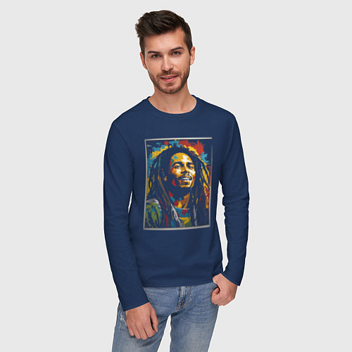 Мужской лонгслив Боб Марли портрет / Тёмно-синий – фото 3
