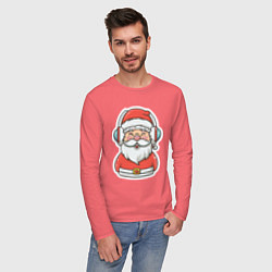 Лонгслив хлопковый мужской Дед Мороз в наушниках, цвет: коралловый — фото 2