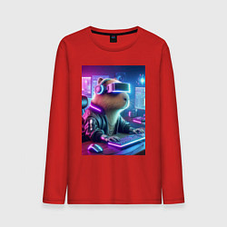 Лонгслив хлопковый мужской Капибара игроман - неоновое свечение, цвет: красный