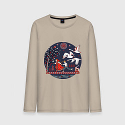 Лонгслив хлопковый мужской Сказка Гуси - лебеди в стиле мезенской росписи, цвет: миндальный