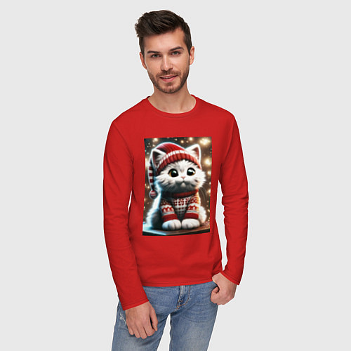 Мужской лонгслив Котик в новогоднем свитере / Красный – фото 3