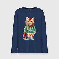 Лонгслив хлопковый мужской Тигр в новогоднем свитере, цвет: тёмно-синий