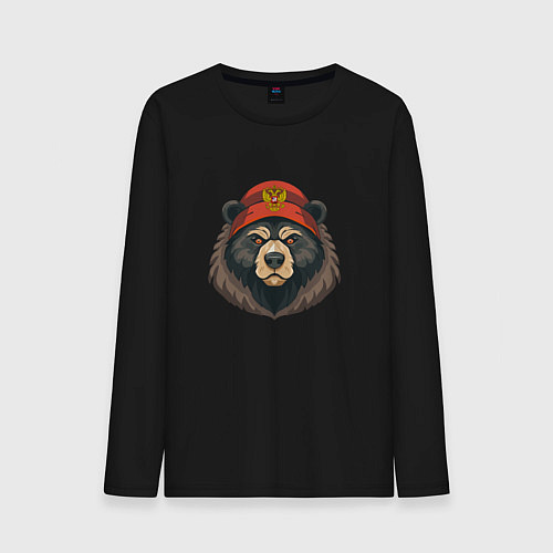 Мужской лонгслив Русский медведь в шапке с гербом / Черный – фото 1