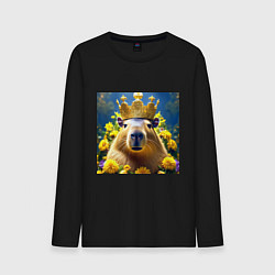 Лонгслив хлопковый мужской Мем капибара царь на троне и желтые цветы, цвет: черный