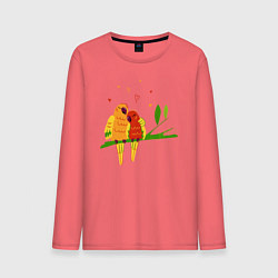 Лонгслив хлопковый мужской Пара влюбленных попугаев на ветке, цвет: коралловый