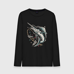Лонгслив хлопковый мужской Скелет рыбалка, цвет: черный