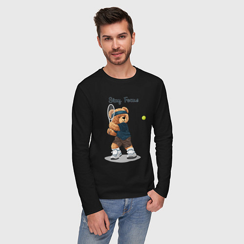 Мужской лонгслив Плюшевый медвежонок играет в теннис / Черный – фото 3