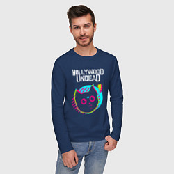 Лонгслив хлопковый мужской Hollywood Undead rock star cat, цвет: тёмно-синий — фото 2