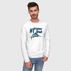 Лонгслив хлопковый мужской Папа рыбак номер один, цвет: белый — фото 2