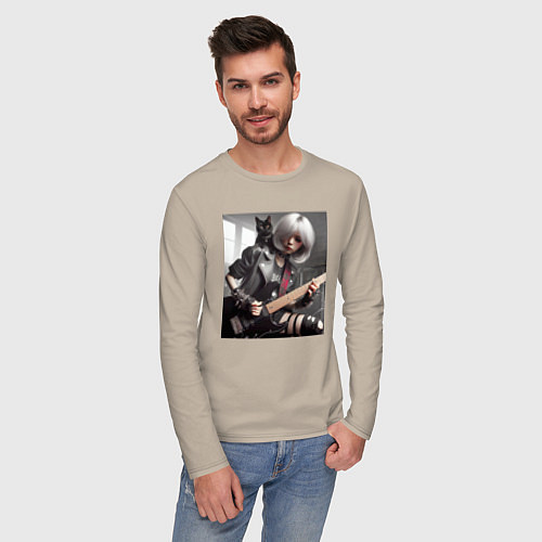 Мужской лонгслив Девчонка рок гитарист с чёрным котом / Миндальный – фото 3