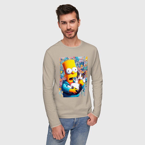 Мужской лонгслив Bart Simpson with a kitten - ai art / Миндальный – фото 3