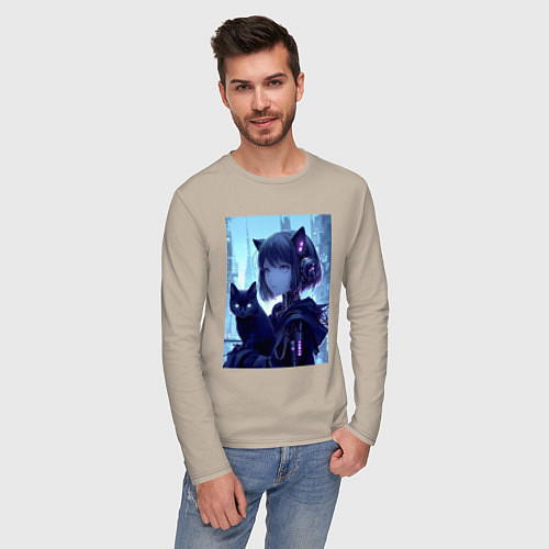 Мужской лонгслив Девчонка кошка с котёнком - нейросеть / Миндальный – фото 3