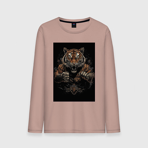 Мужской лонгслив Тайский бокс тигр в стойке / Пыльно-розовый – фото 1