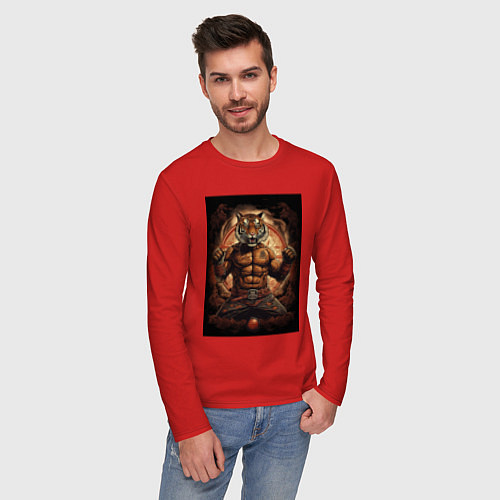 Мужской лонгслив Тайский бокс тигр в стойке / Красный – фото 3