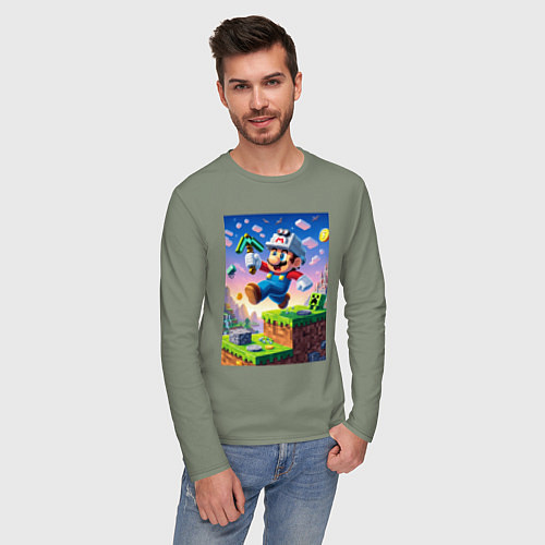 Мужской лонгслив Марио и Майнкрафт - коллаба / Авокадо – фото 3