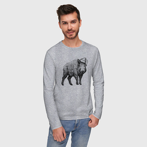 Мужской лонгслив Кабан в новогоднем колпаке / Меланж – фото 3