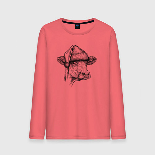 Мужской лонгслив Новогодняя Буренка / Коралловый – фото 1