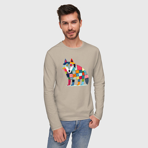 Мужской лонгслив Funny wolf - patchwork ai art / Миндальный – фото 3