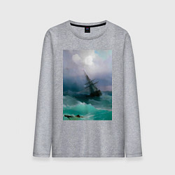 Лонгслив хлопковый мужской Корабль среди бурного моря, цвет: меланж