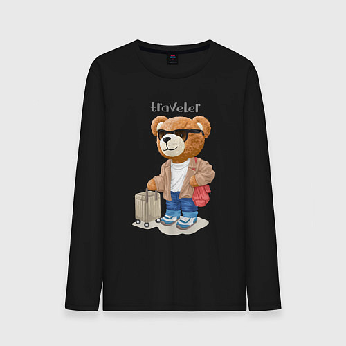 Мужской лонгслив Плюшевый медвежонок - путешественник / Черный – фото 1