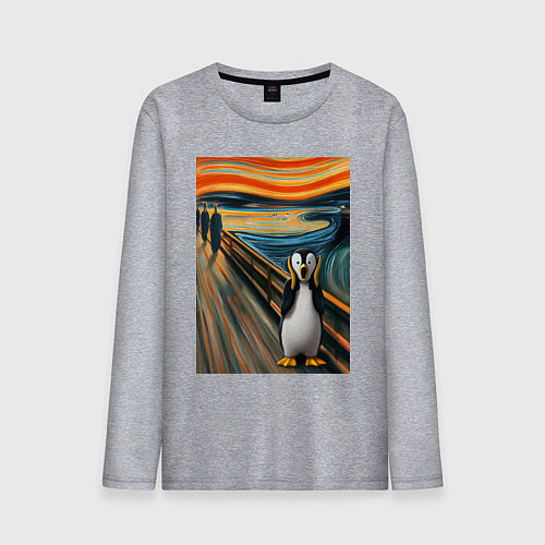 Мужской лонгслив Пингвин кричит - мем картина Мунка ai art / Меланж – фото 1