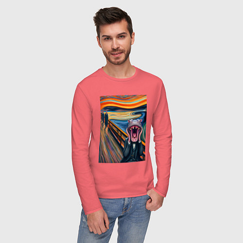 Мужской лонгслив Бегемот кричит - мем живопись от нейросети / Коралловый – фото 3