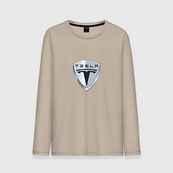 Лонгслив хлопковый мужской Tesla logo, цвет: миндальный