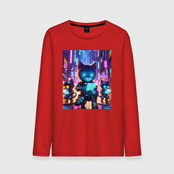 Лонгслив хлопковый мужской Продвинутые кибер котята - неоновое свечение, цвет: красный