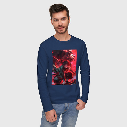 Мужской лонгслив Клинок, рассекающий демонов Тандзиро Камадо дыхани / Тёмно-синий – фото 3