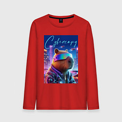 Лонгслив хлопковый мужской Cyber capybara - neon metropolis, цвет: красный