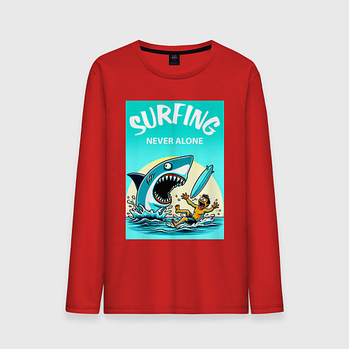 Мужской лонгслив Surfing never alone - shark and surfer / Красный – фото 1