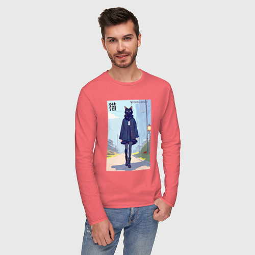 Мужской лонгслив Чёрная кошечка на своём районе - нейросеть / Коралловый – фото 3