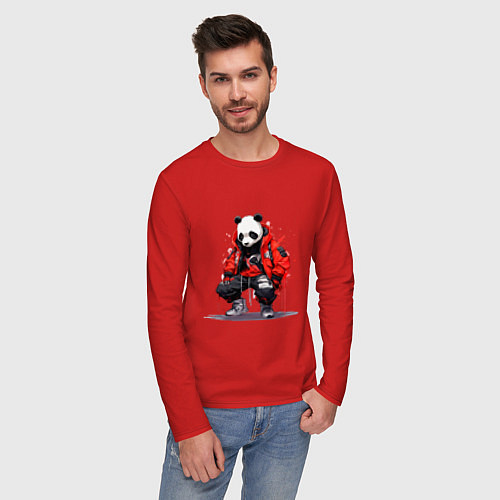 Мужской лонгслив Модная панда в красной куртке / Красный – фото 3