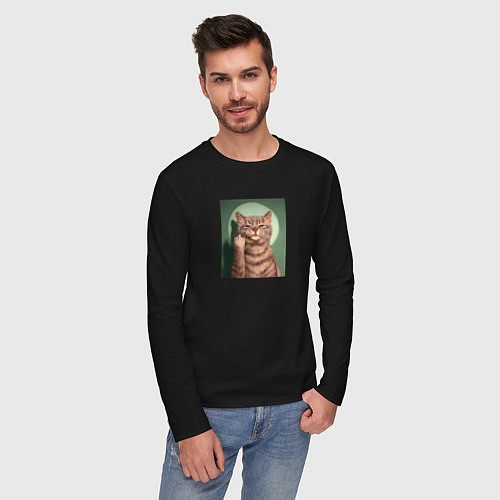 Мужской лонгслив Пафосный котик и фак / Черный – фото 3